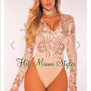 Hot Miami Styles rose gold sequins bodysuit.